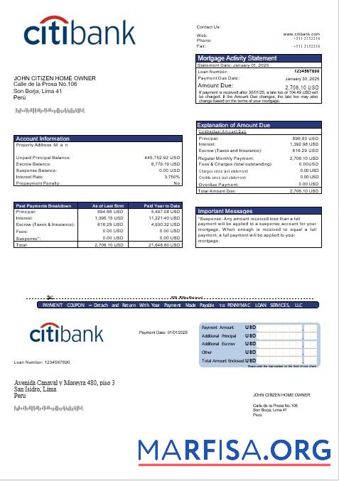 Downloadable Peru Citibank mortgage statement in Word and PDF formats sample